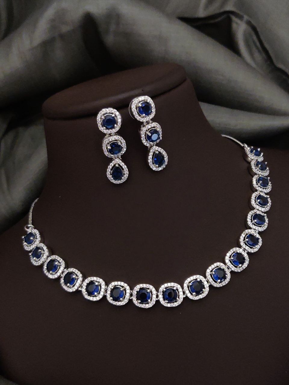 Royal AD Necklace Set with Drop Earrings – Blue