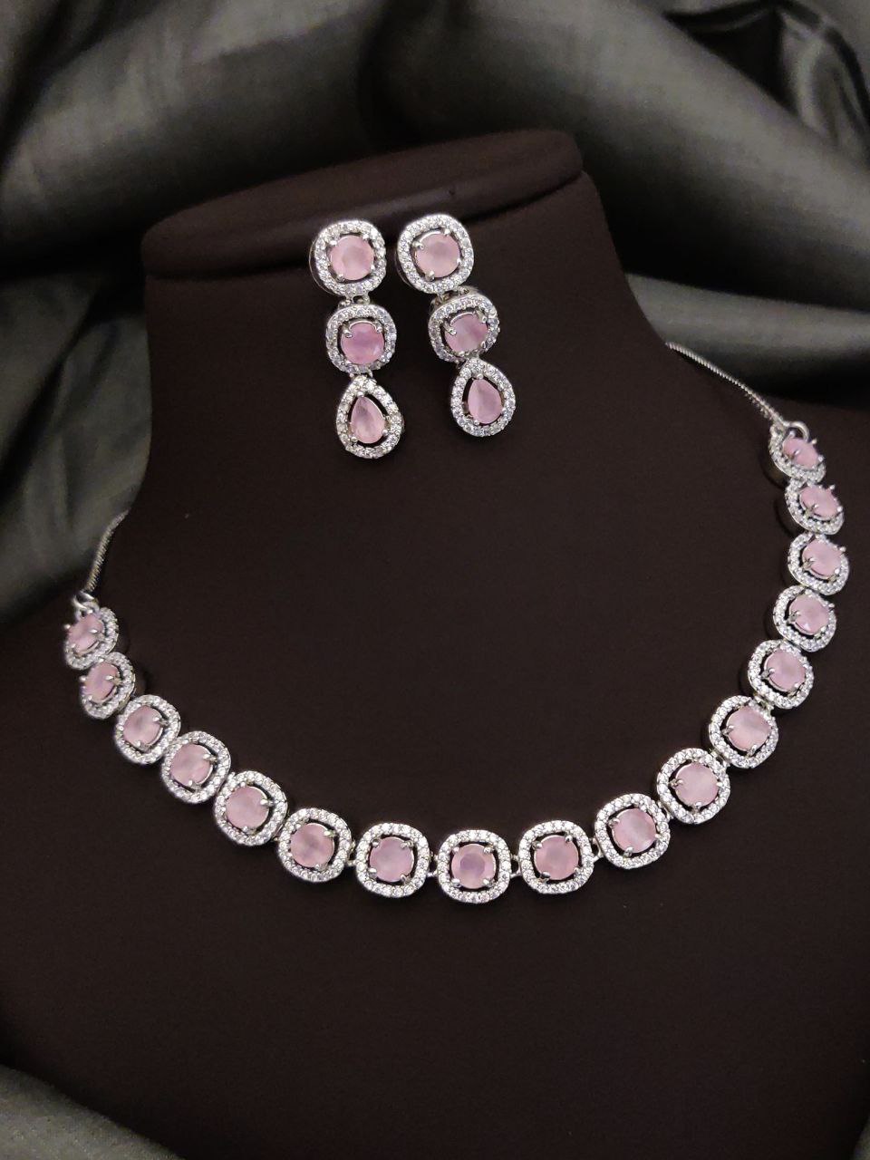 Royal AD Necklace Set with Drop Earrings – Pink