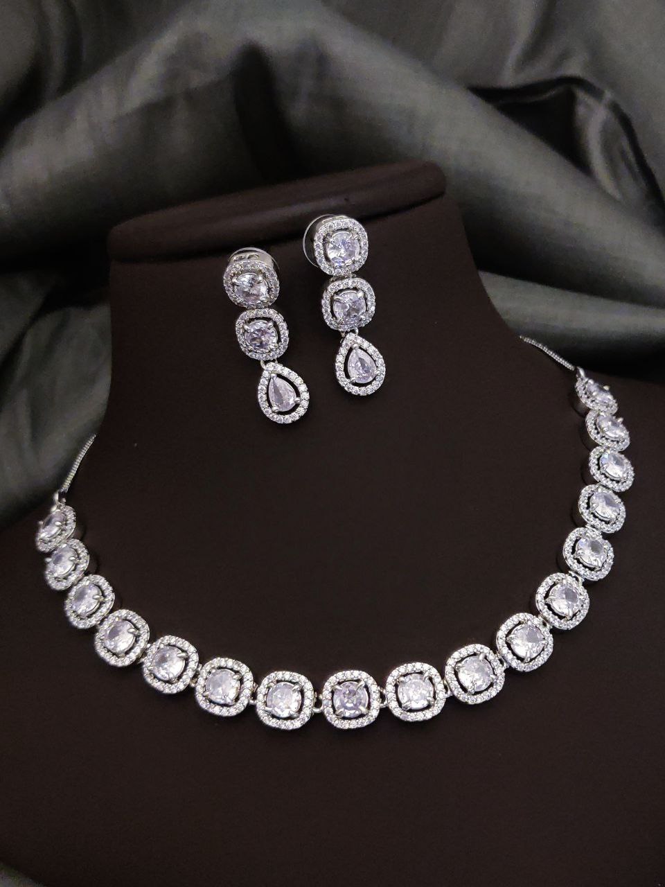 Royal AD Necklace Set with Drop Earrings – White