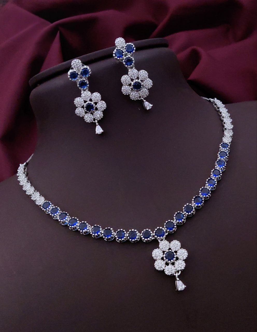 Royal Blue Floral Pendant AD Necklace Set – Elegant Sparkle with Classic Detailing