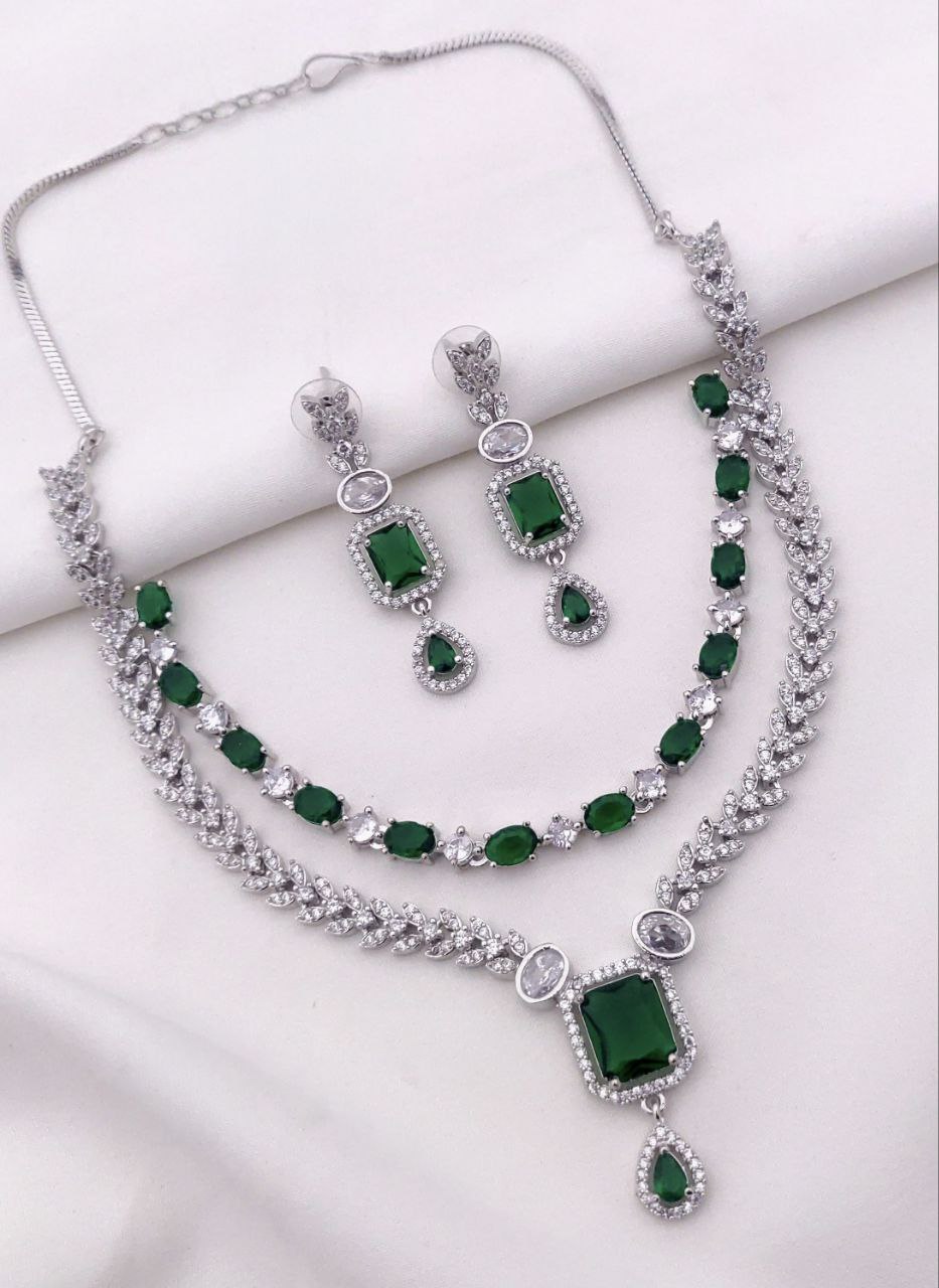 Royal CZ Stone Necklace Set with Double-Layer Design & American Diamond Detailing – Green
