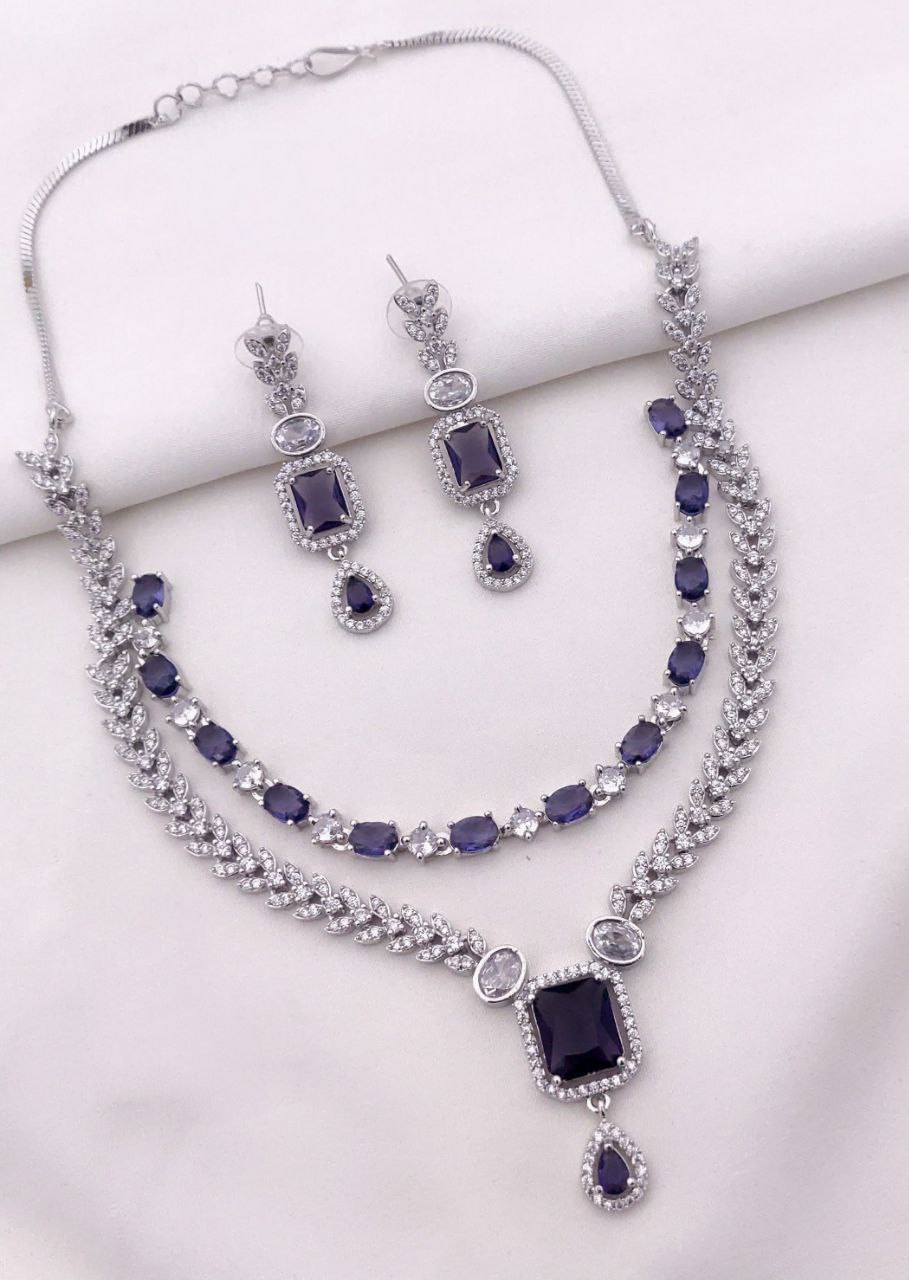 Royal CZ Stone Necklace Set with Double-Layer Design & American Diamond Detailing – Purple
