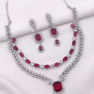 Royal CZ Stone Necklace Set with Double-Layer Design & American Diamond Detailing – Red