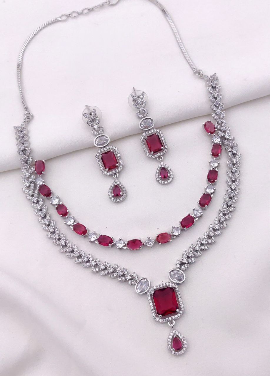 Royal CZ Stone Necklace Set with Double-Layer Design & American Diamond Detailing – Red