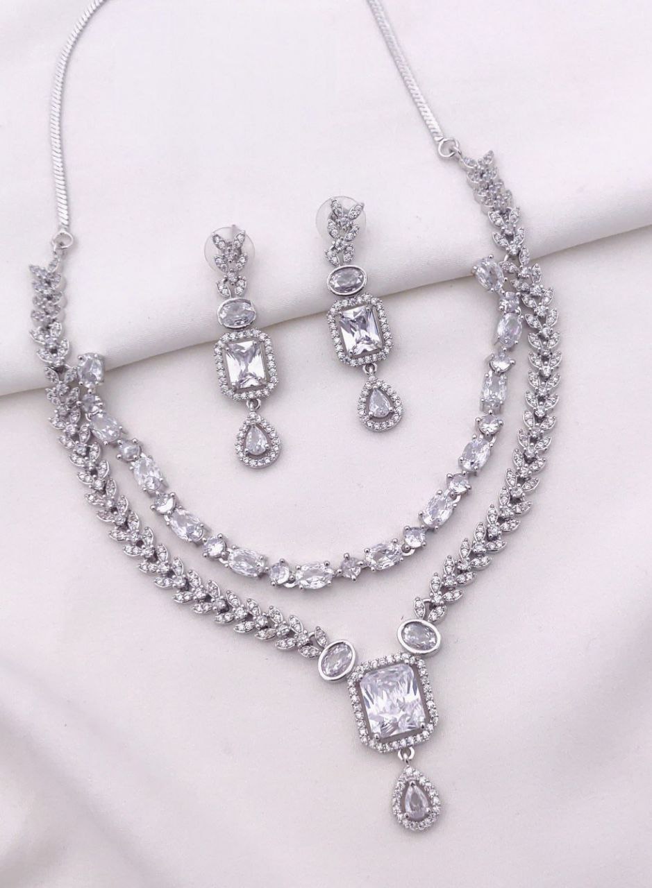 Royal CZ Stone Necklace Set with Double-Layer Design & American Diamond Detailing – White