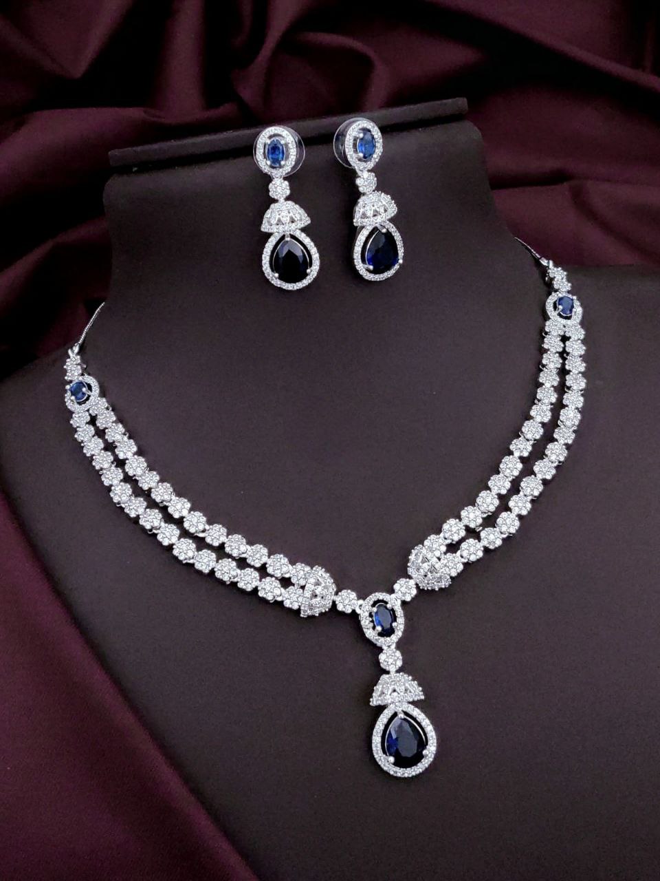 Royal Radiance AD Necklace Set – Double-Layer Bridal Choker with Teardrop Pendant & Earrings - Blue