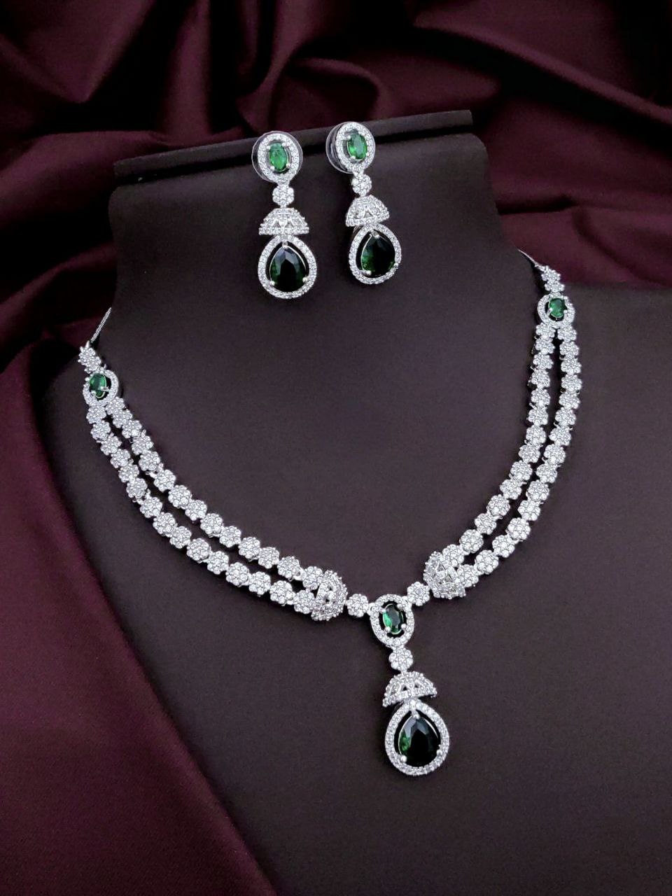 Royal Radiance AD Necklace Set – Double-Layer Bridal Choker with Teardrop Pendant & Earrings - Green