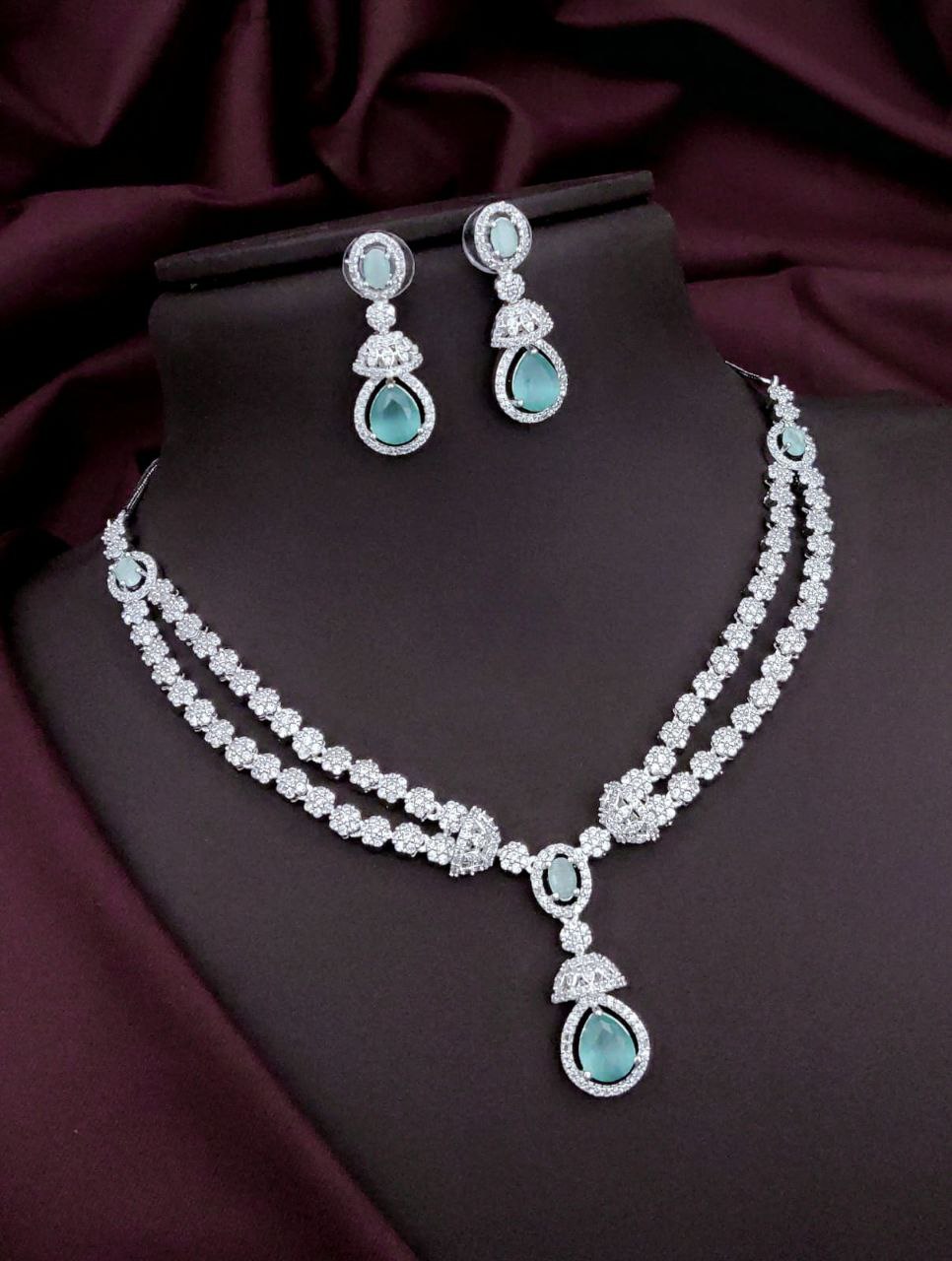 Royal Radiance AD Necklace Set – Double-Layer Bridal Choker with Teardrop Pendant & Earrings - Mint Green