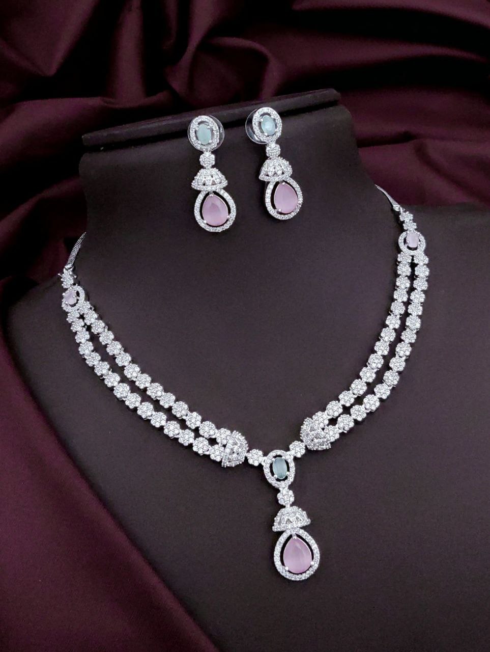 Royal Radiance AD Necklace Set – Double-Layer Bridal Choker with Teardrop Pendant & Earrings - Mint Pink