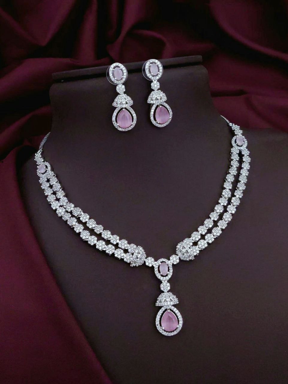 Royal Radiance AD Necklace Set – Double-Layer Bridal Choker with Teardrop Pendant & Earrings - Pink