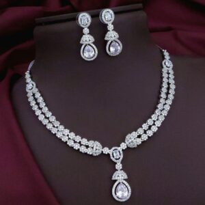 Royal Radiance AD Necklace Set – Double-Layer Bridal Choker with Teardrop Pendant & Earrings - White