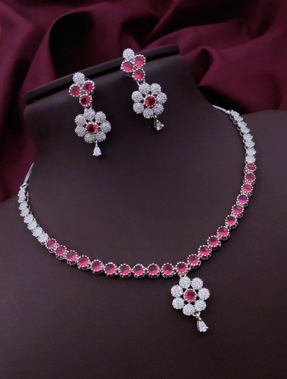 Ruby Red Floral Pendant AD Necklace Set – Elegant Sparkle with Classic Detailing