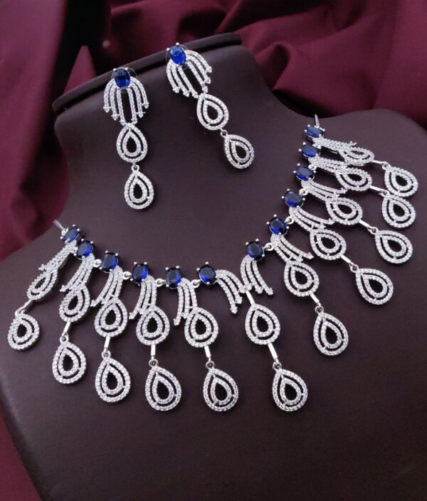 Statement Drop Design AD Blue Necklace Set – Dramatic Elegance for Special Occasions