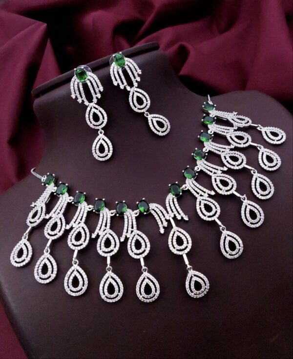 Statement Drop Design AD Green Necklace Set – Dramatic Elegance for Special Occasions