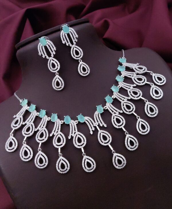 Statement Drop Design AD Mint Green Necklace Set – Dramatic Elegance for Special Occasions