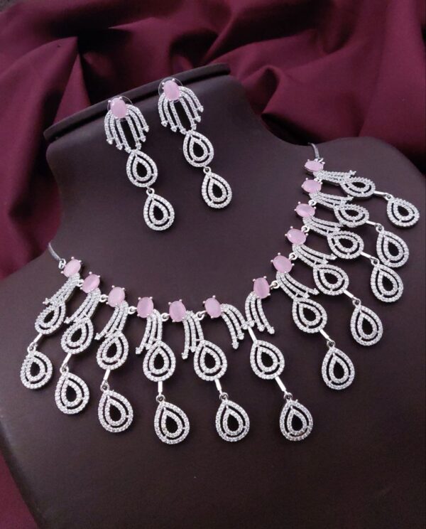 Statement Drop Design AD Pink Necklace Set – Dramatic Elegance for Special Occasions