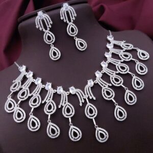 Statement Drop Design AD White Necklace Set – Dramatic Elegance for Special Occasions