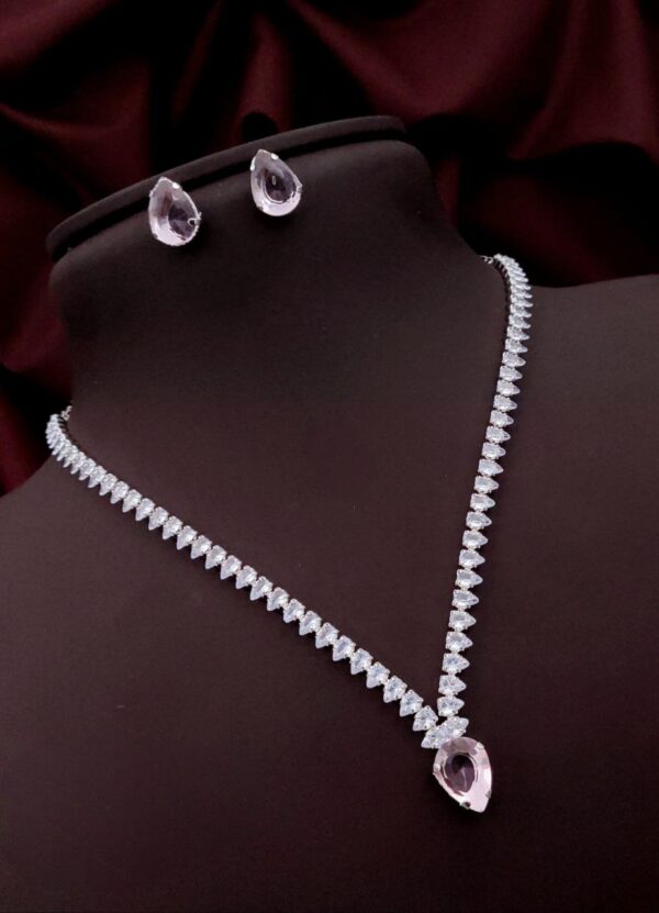 Teardrop American Diamond Necklace Set with Earrings – Baby Pink