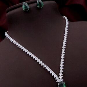 Teardrop American Diamond Necklace Set with Earrings – Emerald Green