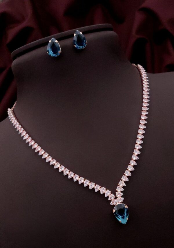 Teardrop American Diamond Necklace Set with Earrings – Royal Blue