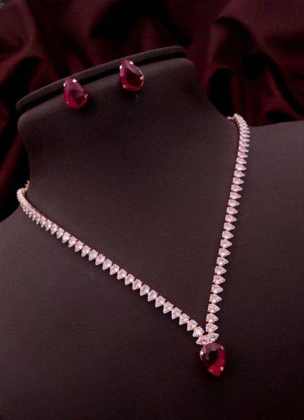 Teardrop American Diamond Necklace Set with Earrings – Ruby Red
