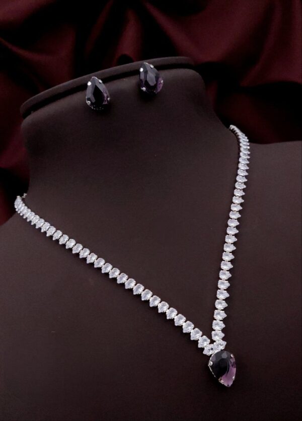 Teardrop American Diamond Necklace Set with Earrings – Wine Purple