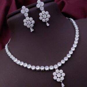 White Floral Pendant AD Necklace Set – Elegant Sparkle with Classic Detailing