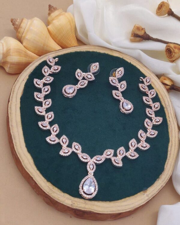 Leaf Motif AD Necklace Set – Graceful Elegance in Rose Gold
