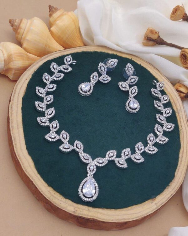 Leaf Motif AD Necklace Set – Graceful Elegance in Silver