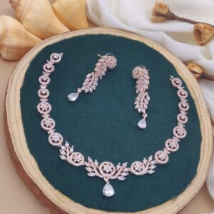 Rose Gold AD Necklace Set – Graceful Floral Charm with Dangling Elegance