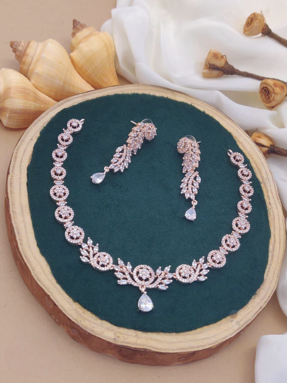 Rose Gold AD Necklace Set – Graceful Floral Charm with Dangling Elegance
