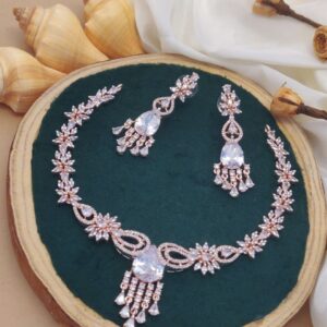 Rose Gold Teardrop AD Necklace Set – Dazzling Elegance with Floral Accents