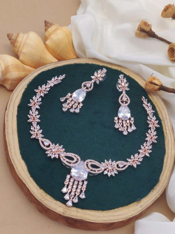 Rose Gold Teardrop AD Necklace Set – Dazzling Elegance with Floral Accents