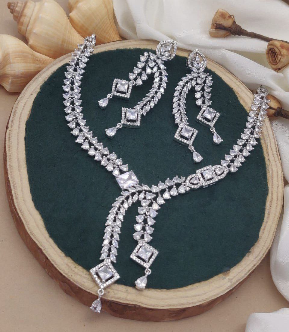 Silver Royal Cascading Diamond Necklace & Earring Set