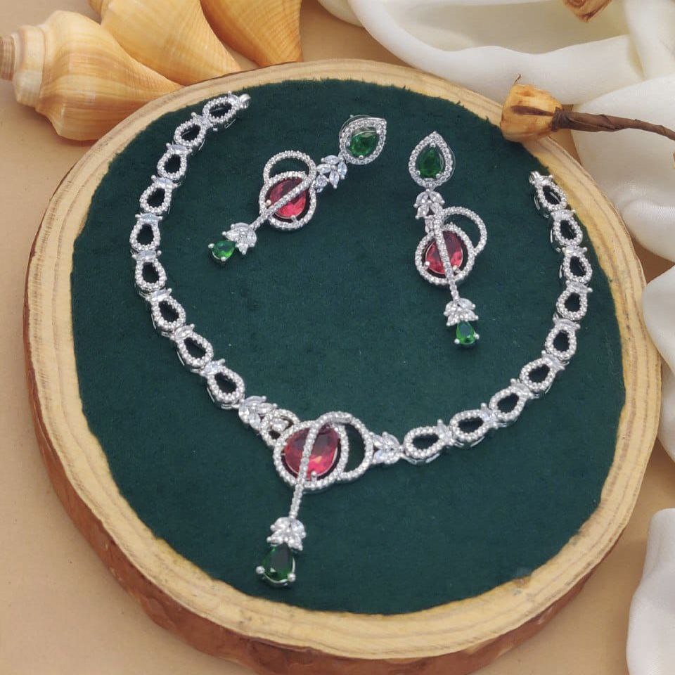 Bella Ruby-Emerald Dual Drop AD Necklace Set