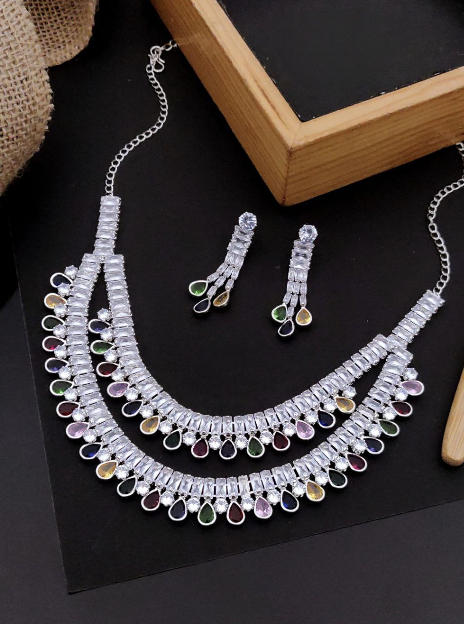 Crystal Spectrum Silver Necklace Set (Multicolour CZ Drops)