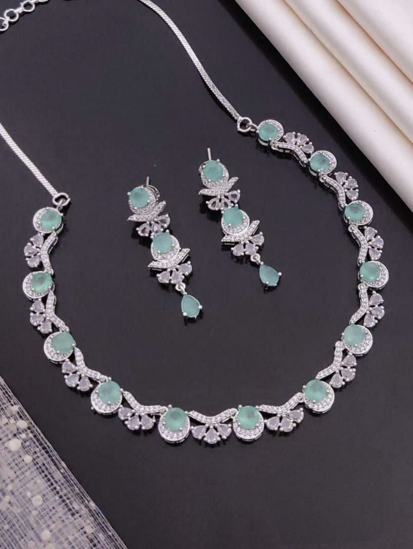 Cubic Zirconia Gemstone Necklace & Earring Set - mint green
