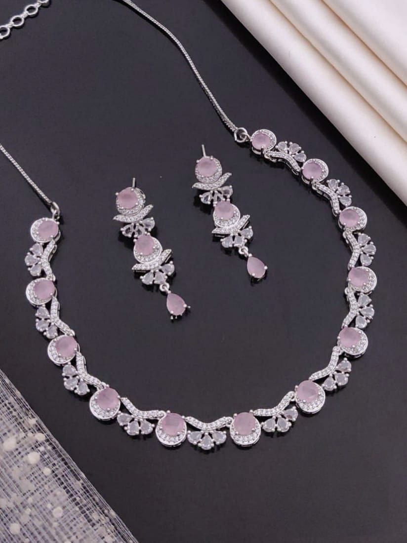 Cubic Zirconia Gemstone Necklace & Earring Set - pink