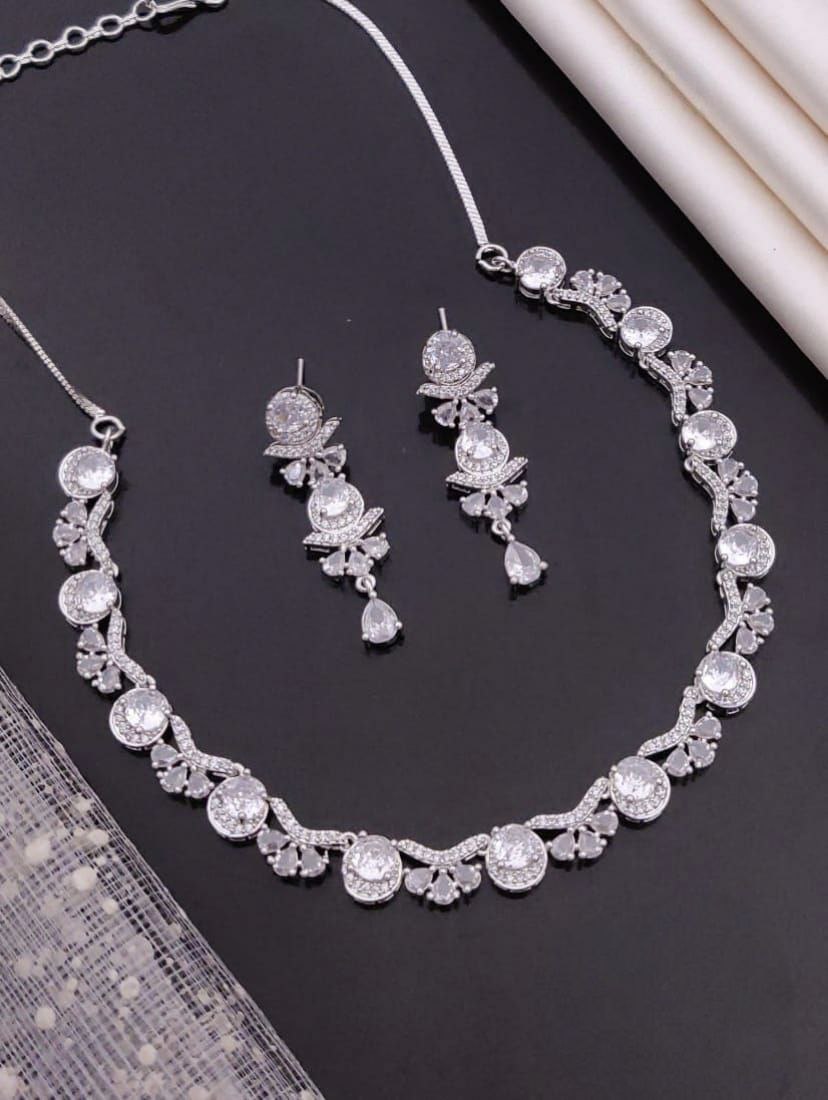 Cubic Zirconia Gemstone Necklace & Earring Set - white