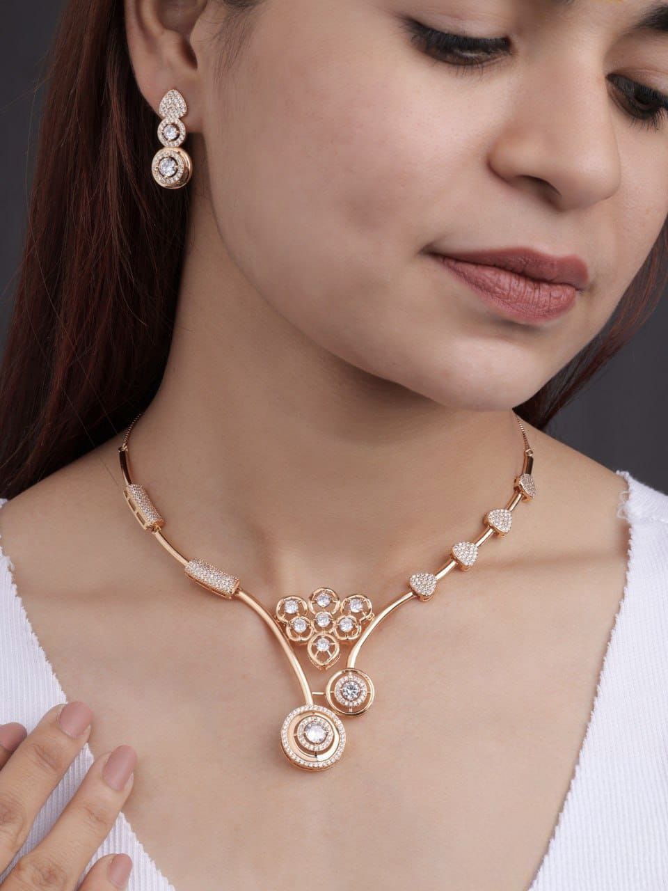 Designer Rose Gold American Diamond Necklace Set for Women - Premium Party Wear Jewellery