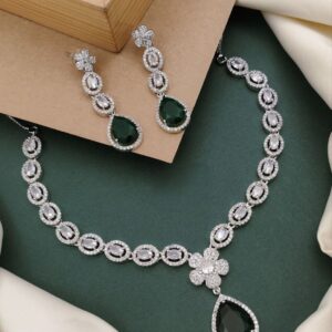 Elegant Teardrop American Diamond Necklace Set for Party & Wedding Wear - green