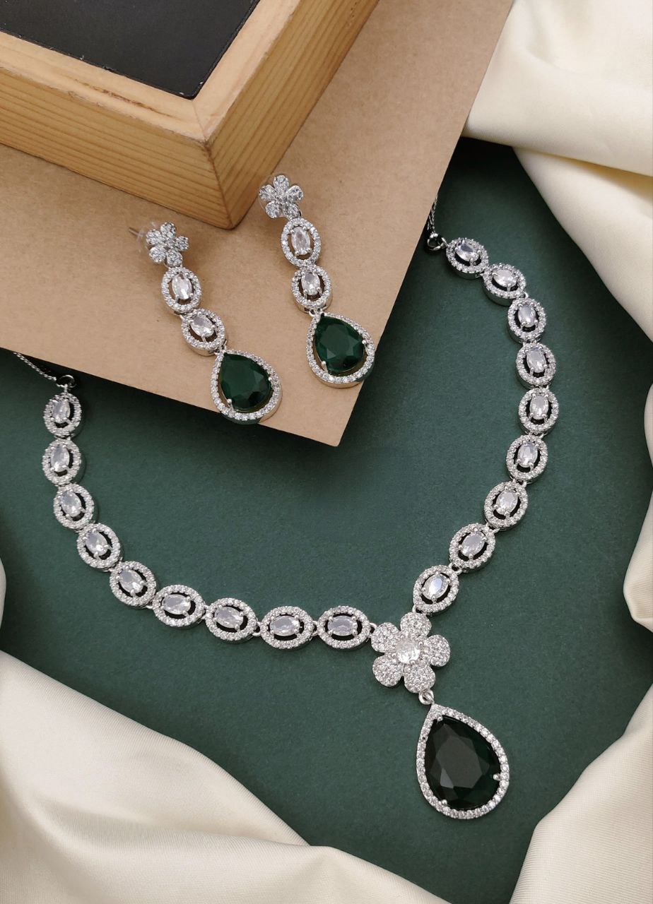 Elegant Teardrop American Diamond Necklace Set for Party & Wedding Wear - green