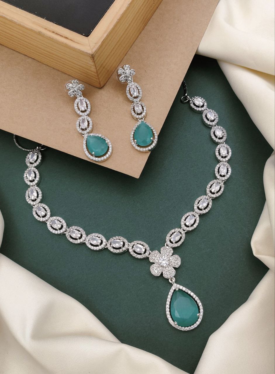 Elegant Teardrop American Diamond Necklace Set for Party & Wedding Wear - mint green