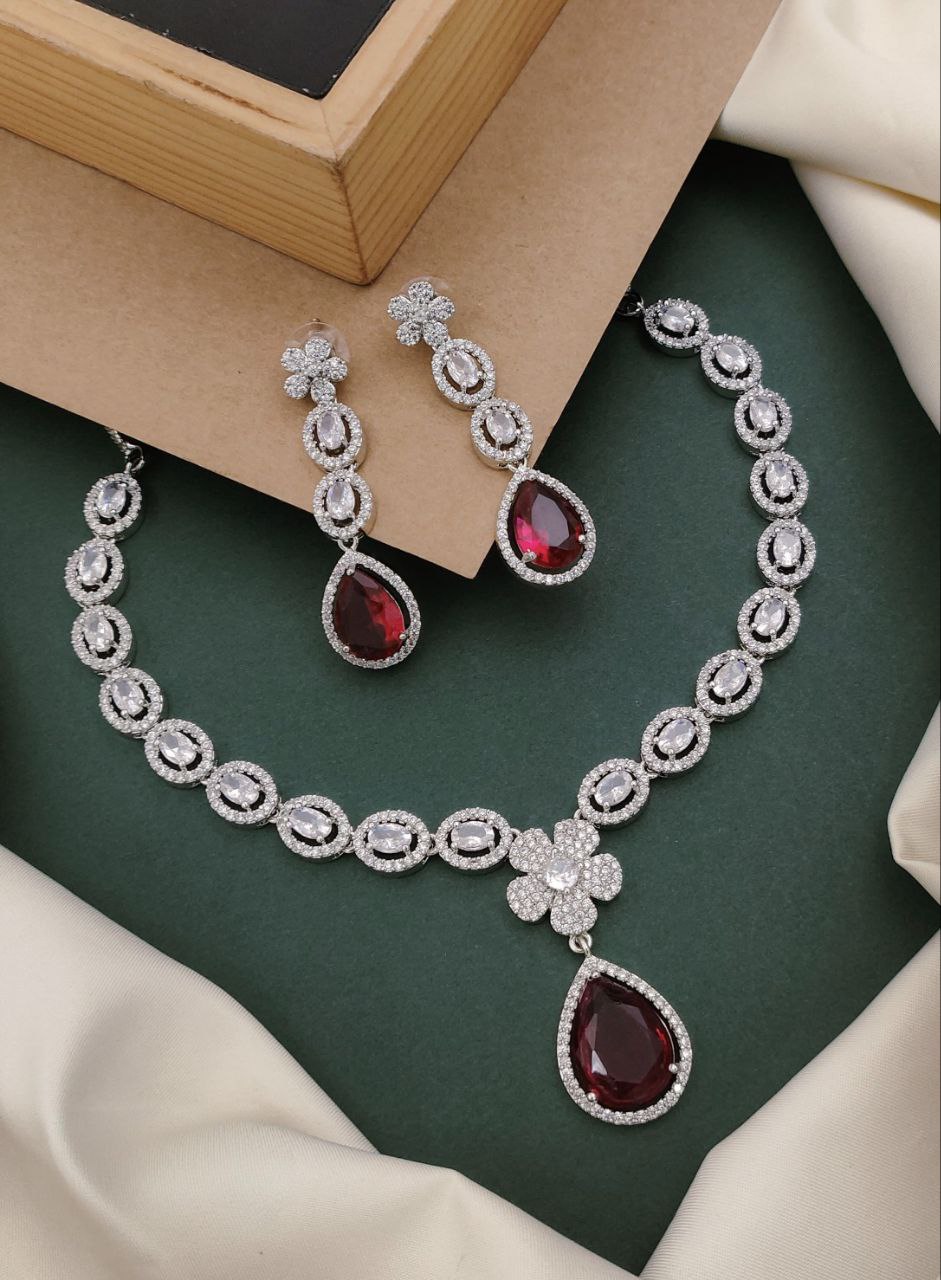 Elegant Teardrop American Diamond Necklace Set for Party & Wedding Wear - ruby red