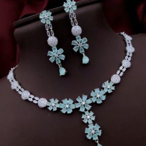 Floral American Diamond Necklace Set – Elegant Party & Wedding Jewellery - mint green