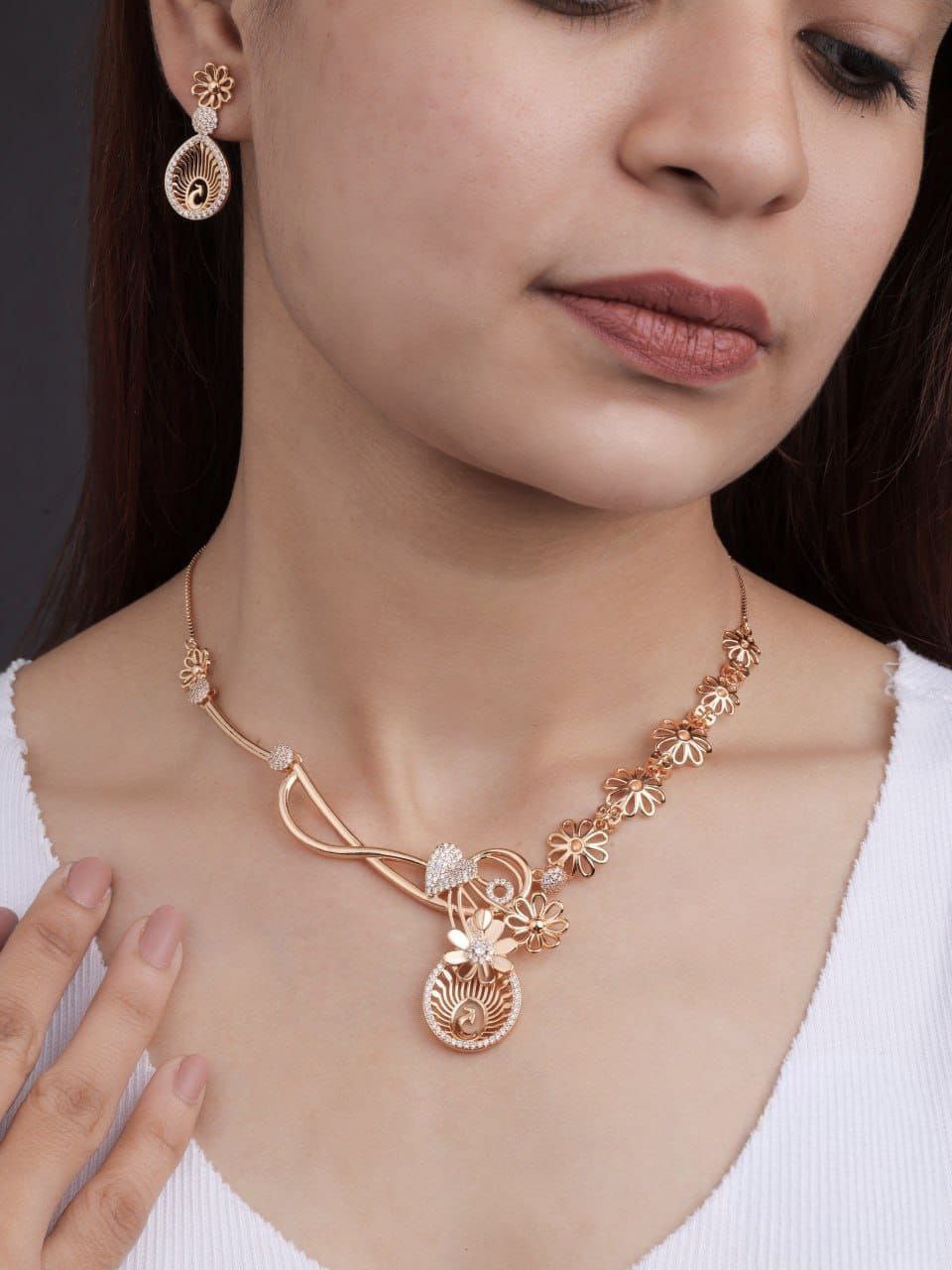 Floral Vine Rose-Gold Necklace Set with Earrings