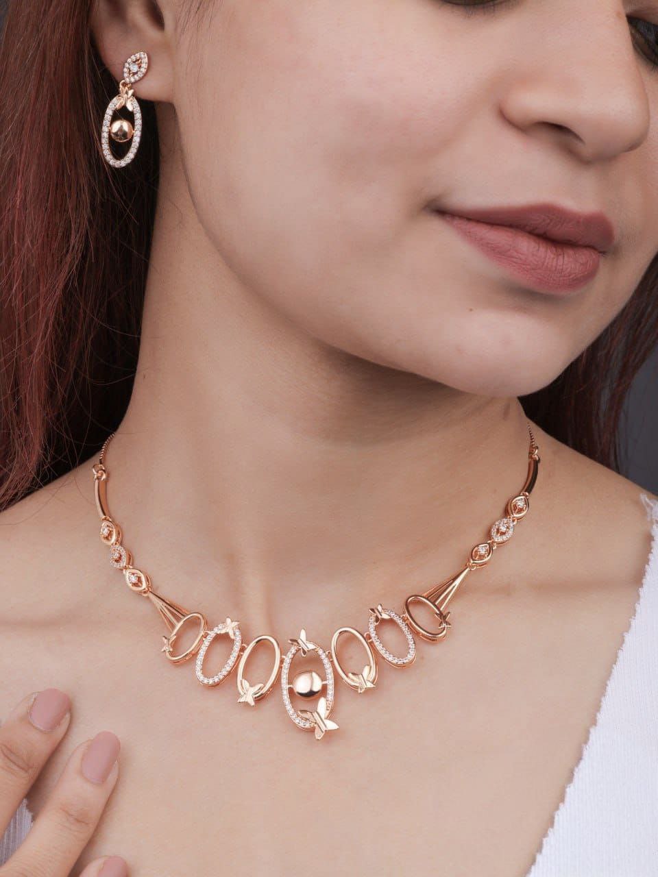 Oval Aura Rose-Gold Necklace Set with Earrings