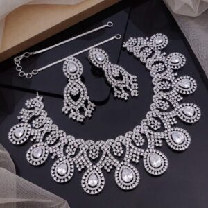 Premium Silver-Plated AD Bridal Necklace Set with Earrings _ Heavy CZ Choker Set