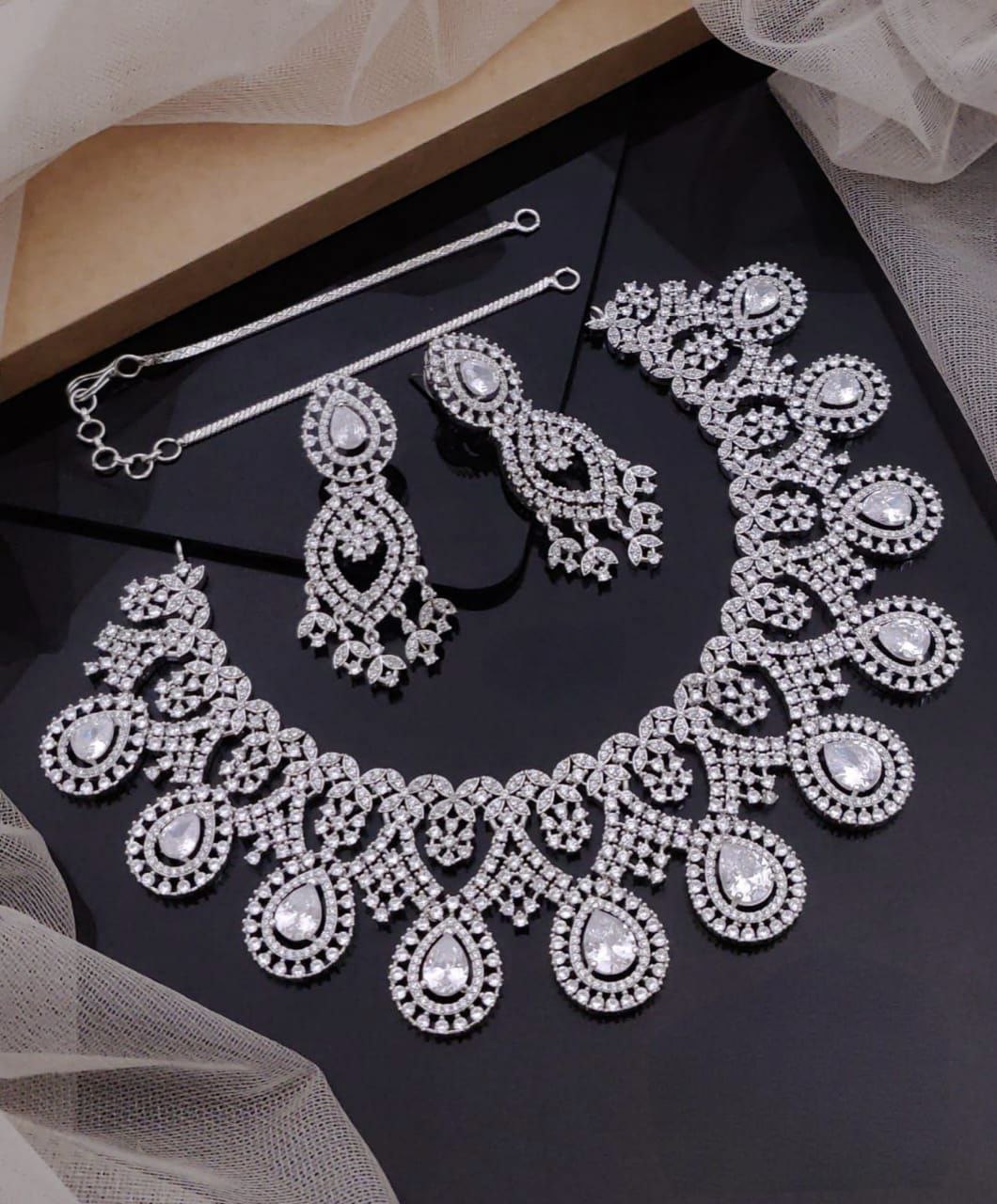 Premium Silver-Plated AD Bridal Necklace Set with Earrings _ Heavy CZ Choker Set